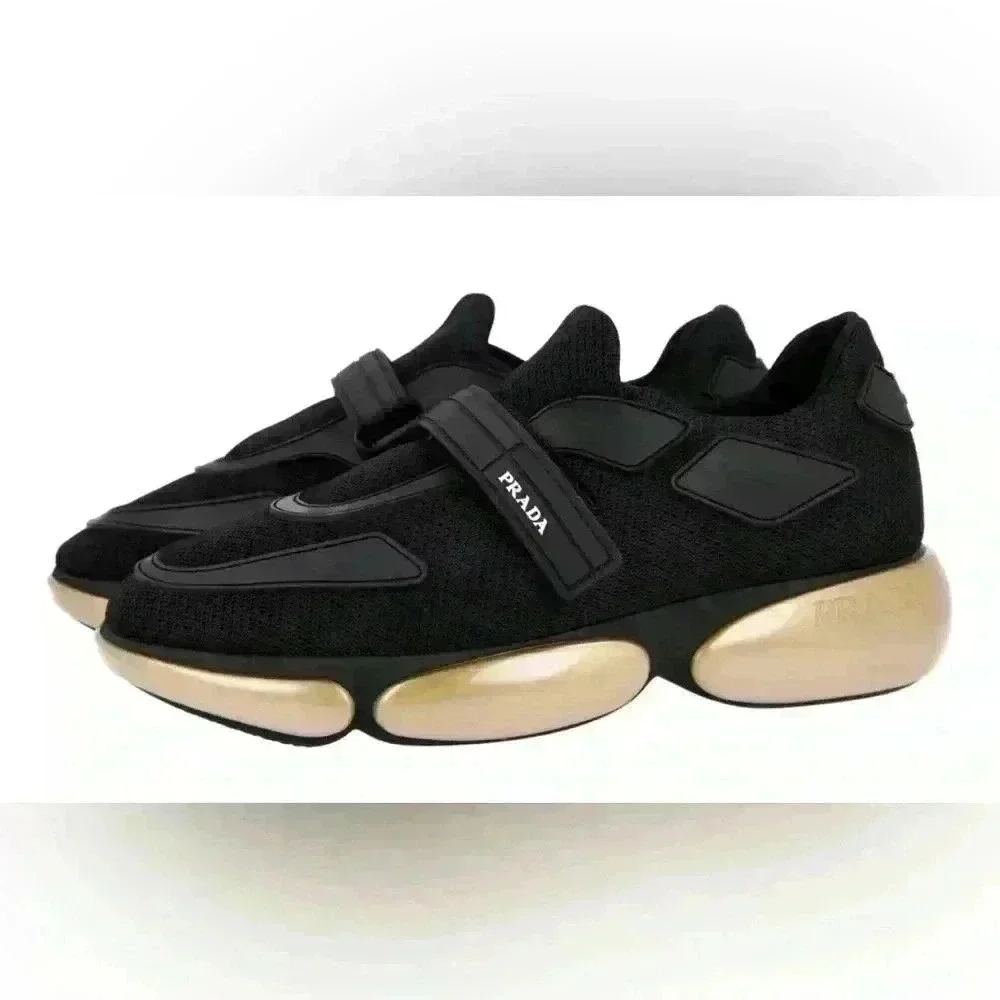Prada Men Black Mesh Gold Sole Sneakers Shoes Size Authentic 7-37.5